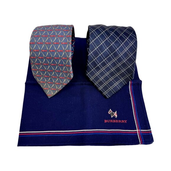 Set 2 Neckties: Hermès Geometric &  Mario Valentino +1 Burberry Handkerchief(51) - Picture 5 of 16